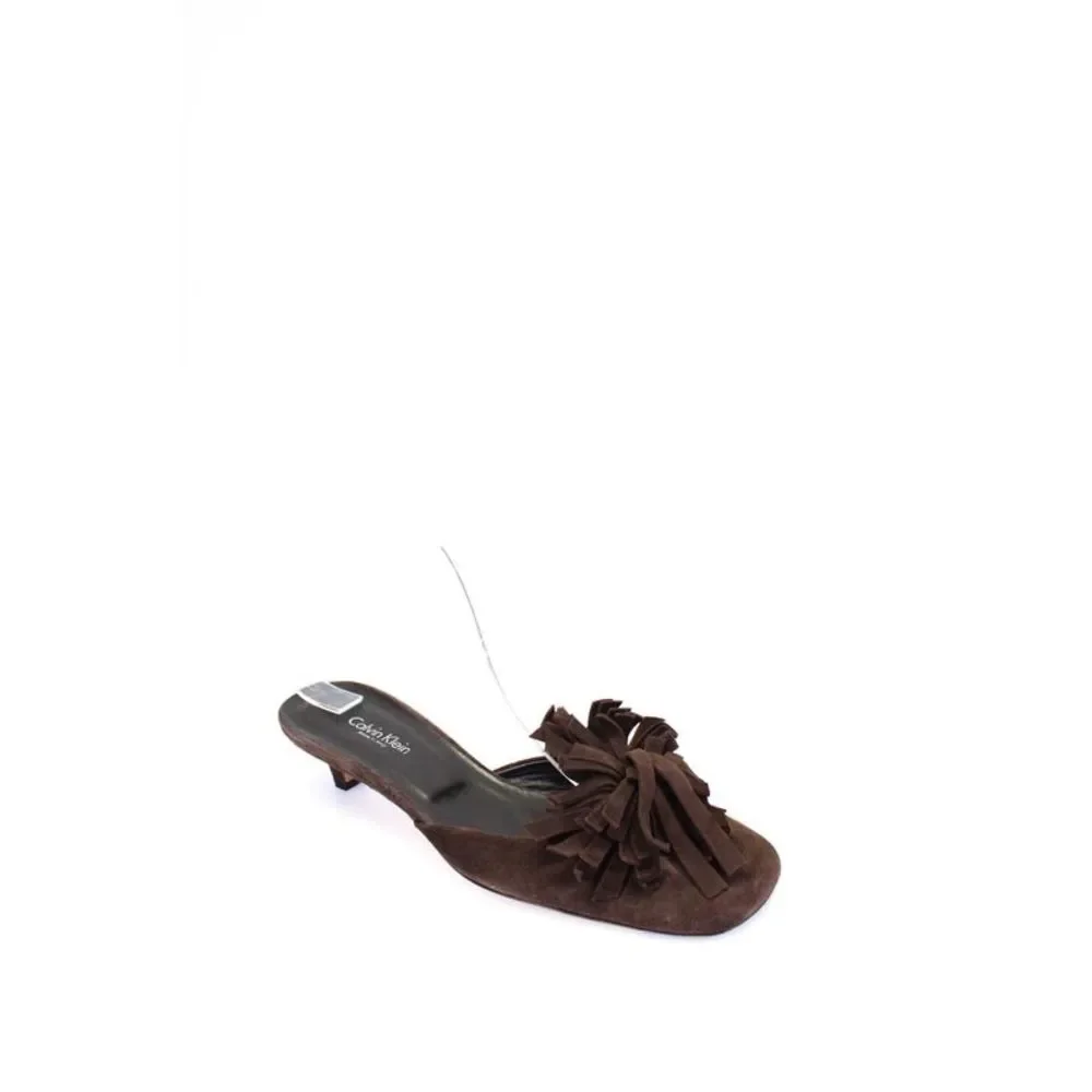 Calvin Klein Women's Square Toe Fringe Suede Kitten Heels Sandals Brown Size 7
